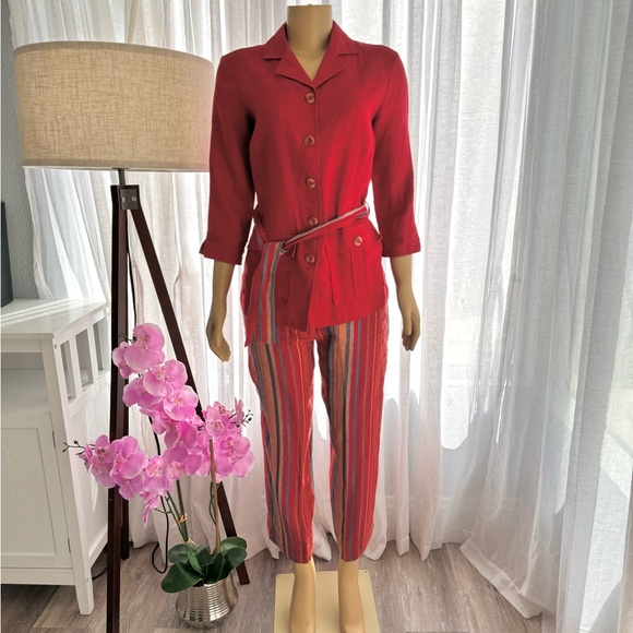 Paraphrase Red Linen Pant And Blazer Jacket Set Size 8 Vibrant Retro Striped - Picture 1 of 15